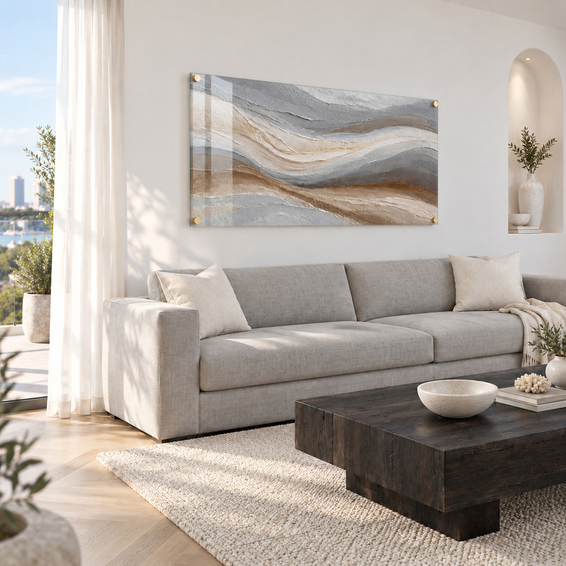 תמונת זכוכית אבסטרקט גלי בגווני כחול ואפור לסלון | דגם SG982