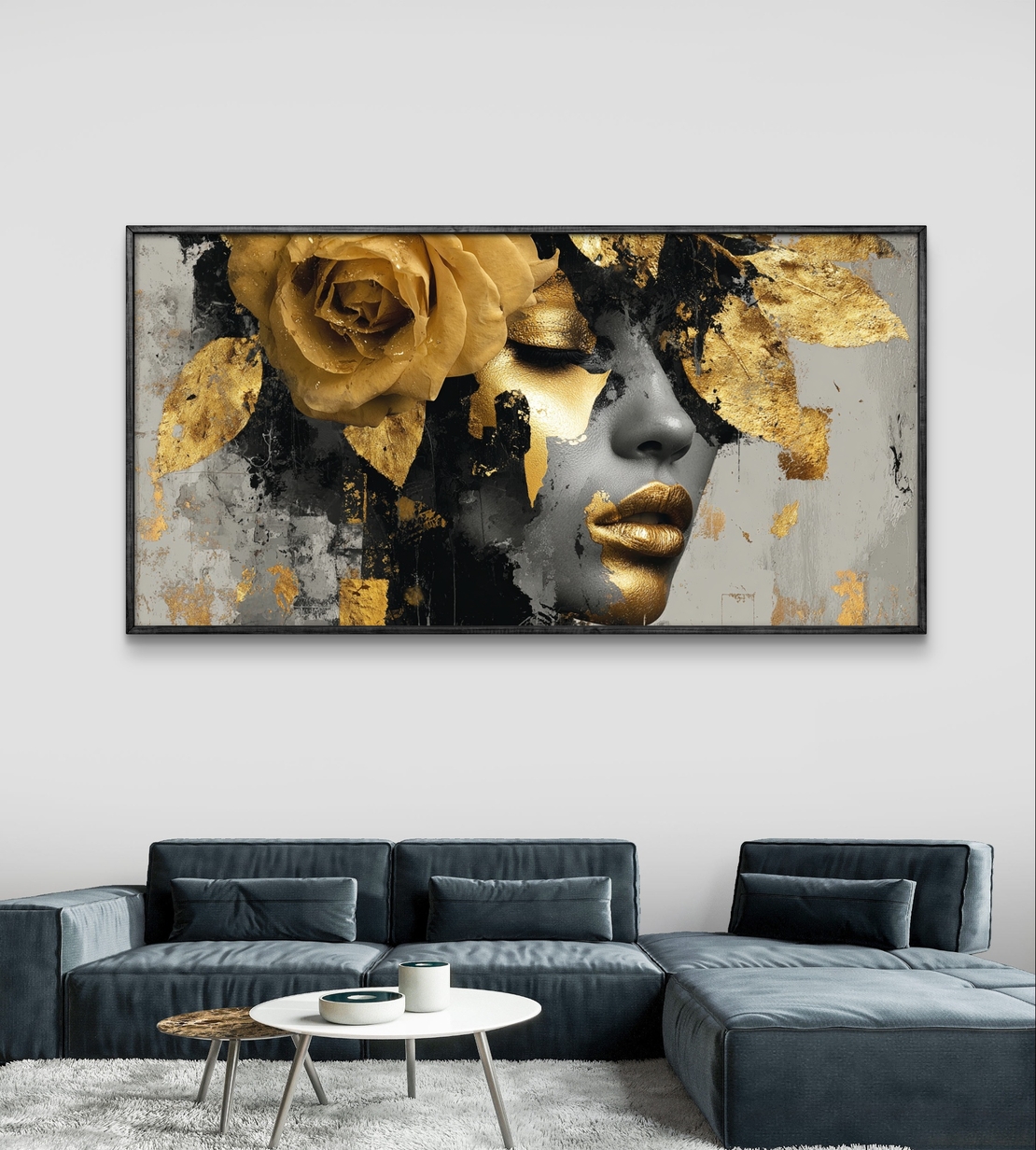 תמונת קנבס לרוחב עם דיוקן נשי דרמטי בגווני שחור וזהב ועיטורי עלי זהב