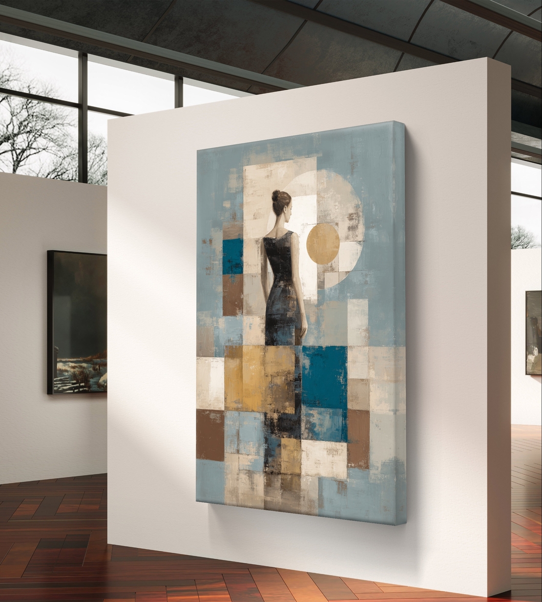 תמונת קנבס של דמות נשית בגב לצופה עם קומפוזיציה גאומטרית בגווני תכלת, קרם וחום בהדפסה חלקה