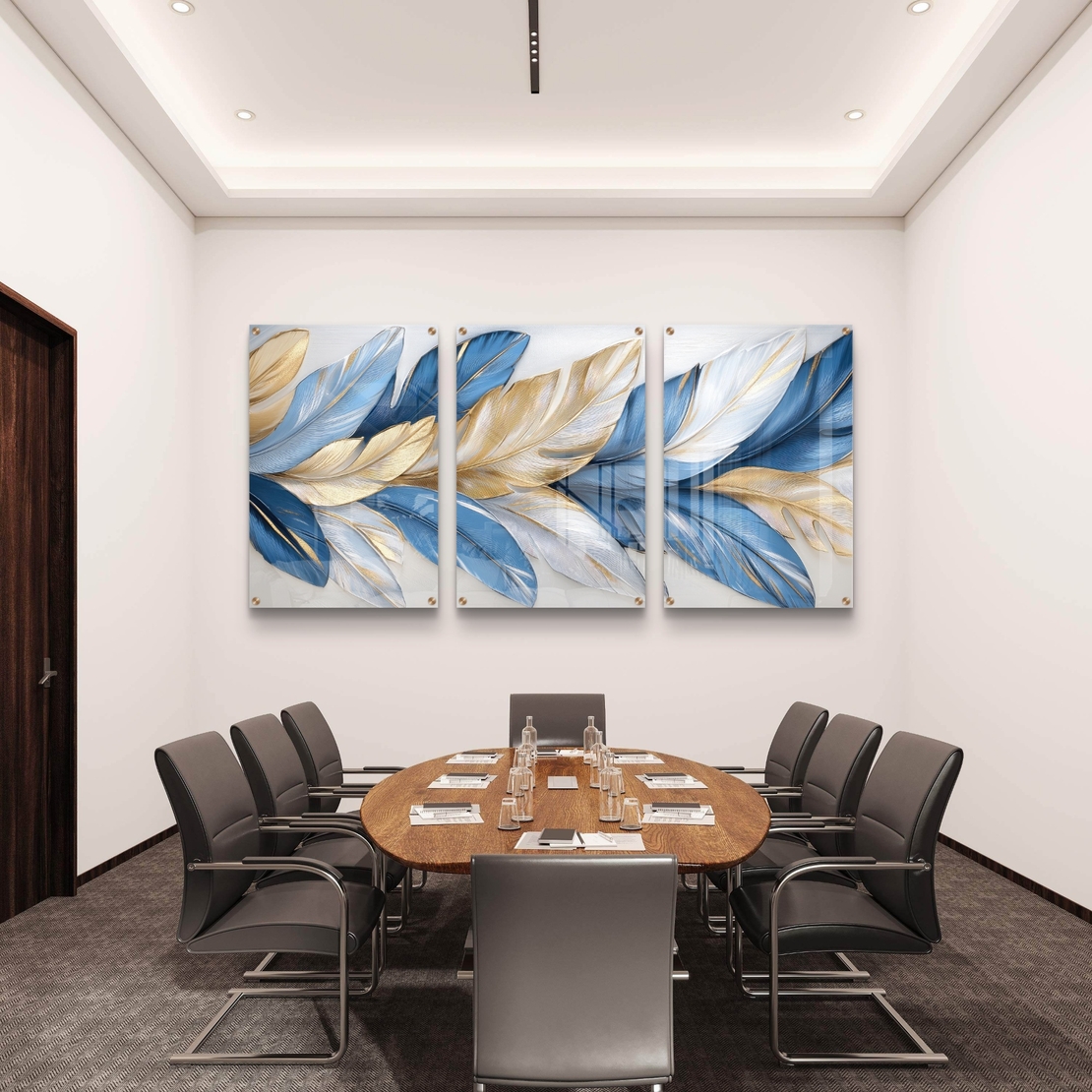 תמונת זכוכית יוקרתית עם נוצות בגווני כחול ולבן