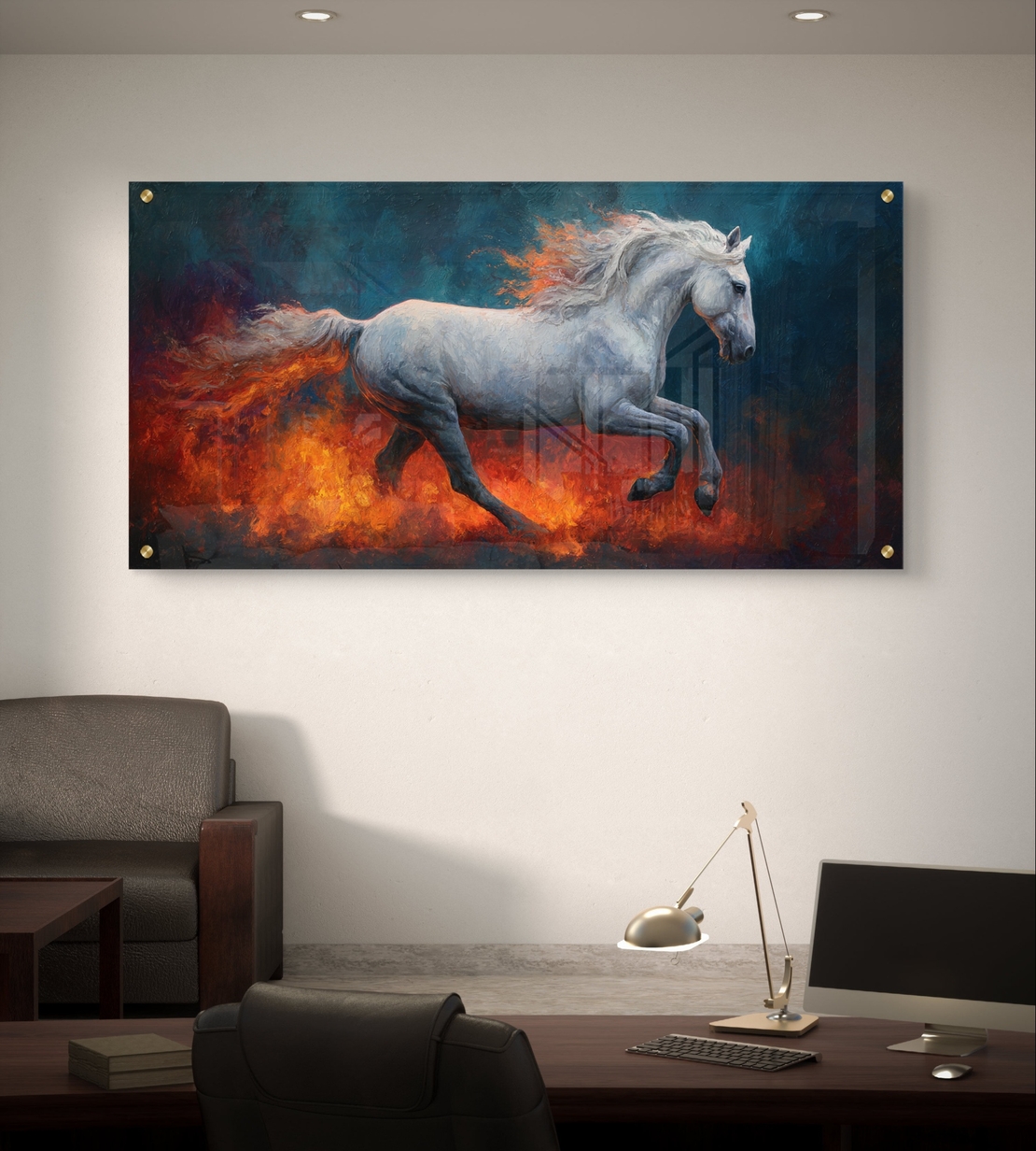 תמונת זכוכית בהדפסה חלקה של סוס לבן דוהר בין להבות אש, בעיצוב דרמטי ועוצמתי לסלון או פינת אוכל.