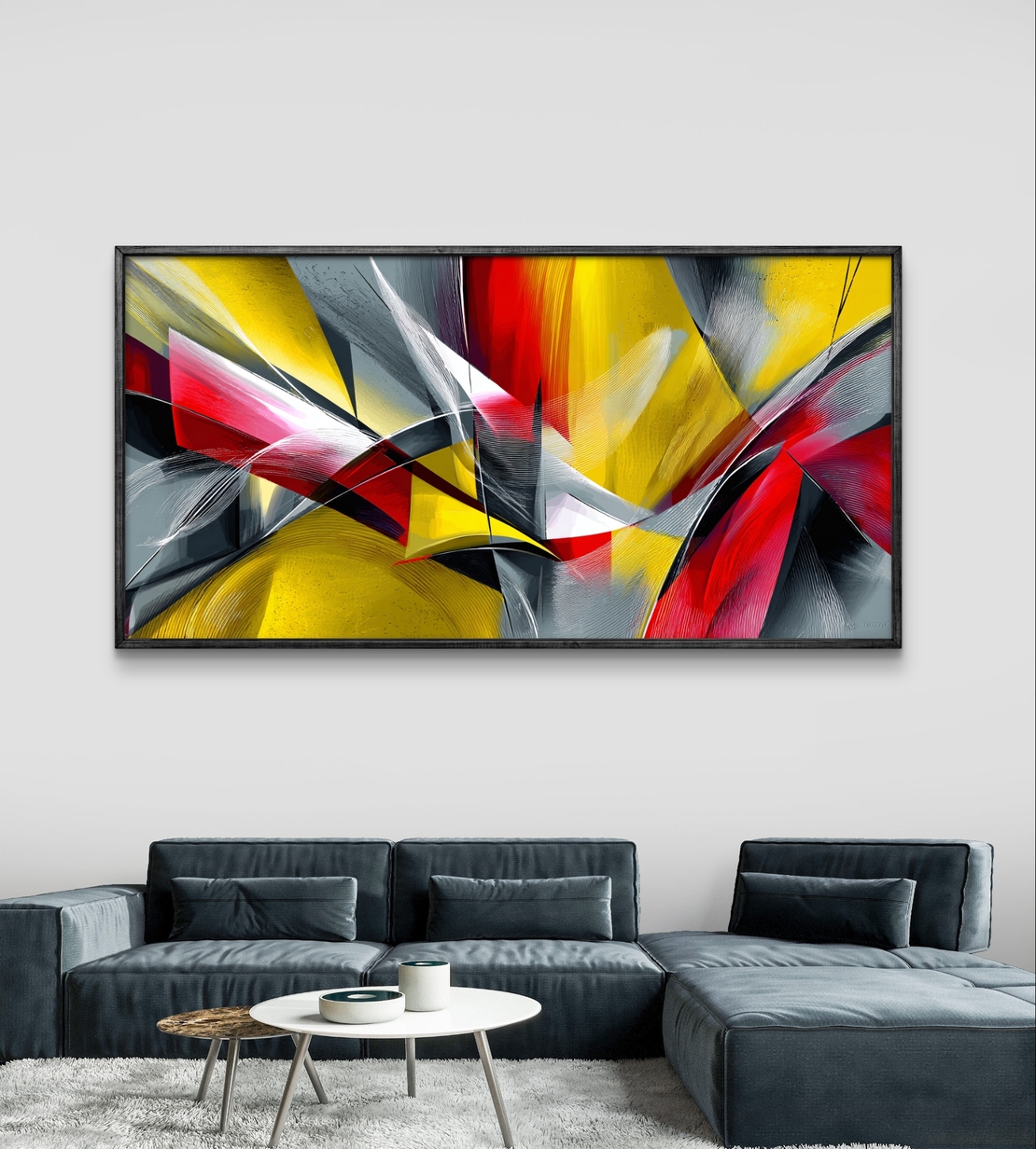 תמונת קנבס אבסטרקטית לרוחב בגווני צהוב, אדום ואפור עם קווים דינמיים ותנועה מודרנית