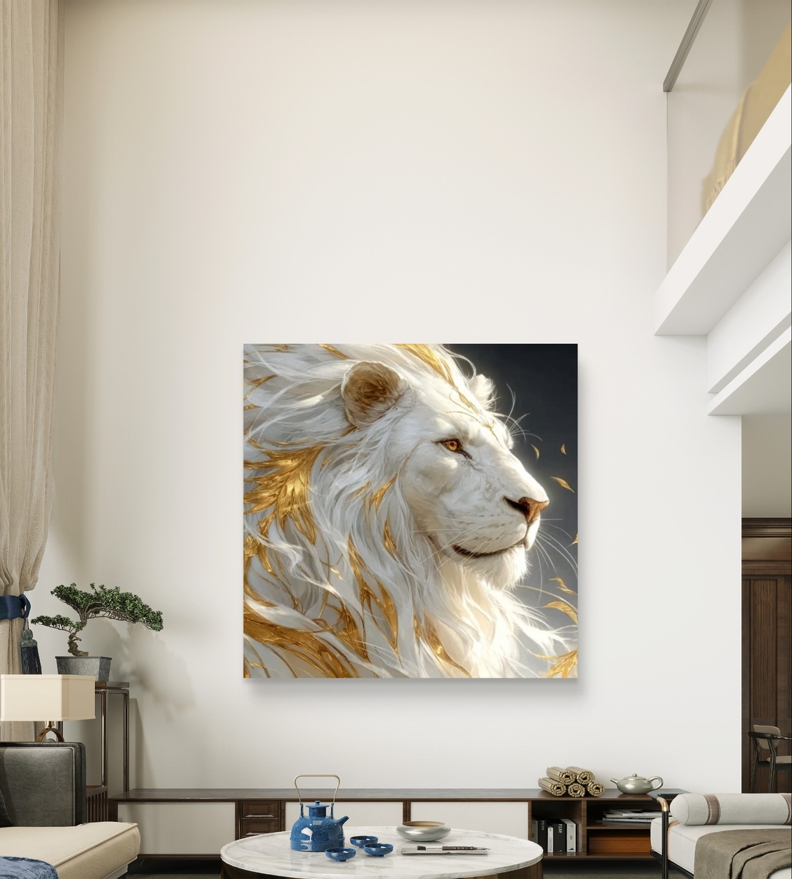 תמונת קנבס מרובעת של אריה לבן אצילי עם רעמה זהובה על רקע כהה יוקרתי
