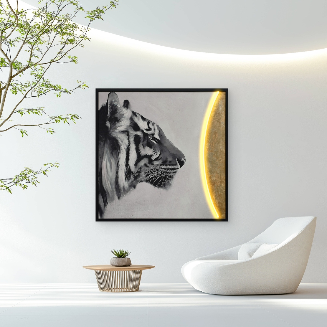 תמונת LED טיגריס מונוכרומטי עם אלמנט זהב – הדפס משודרג עם מריחות צבע, מופעלת על סוללות עם שלט רחוק מידה 83*83 ס