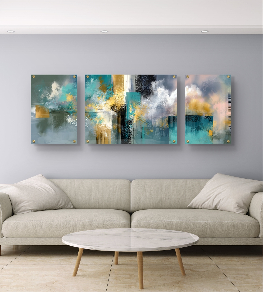 תמונת זכוכית מחולקת אבסטרקטית בגווני טורקיז, אפור וזהב בעיצוב מודרני