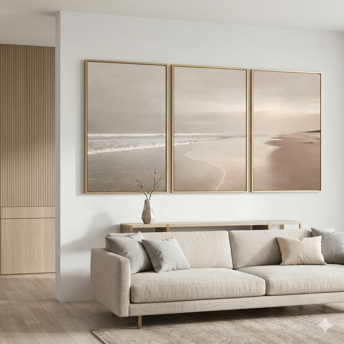 שלישיית תמונות קנבס של חוף ים בגוונים רגועים