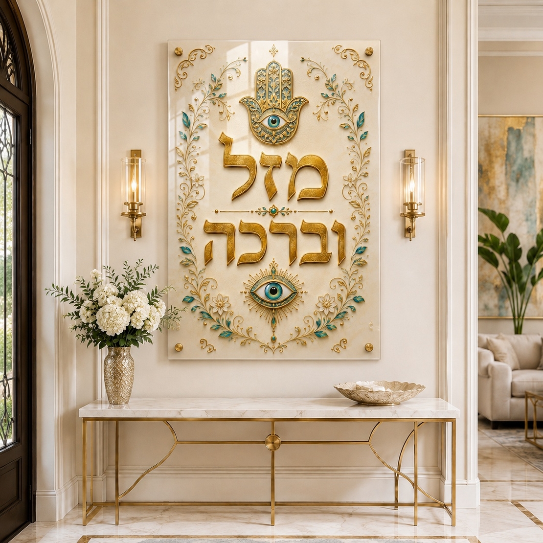 מזל וברכה – תמונת זכוכית חמסה זהב וטורקיז עם ספייסרים מוזהבים | RG452