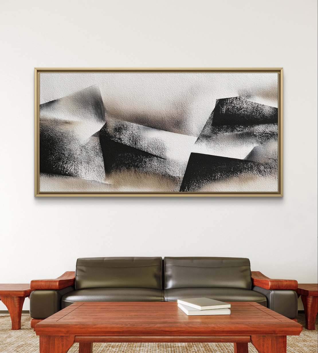 תמונת קנבס לרוחב בעיצוב אבסטרקט גאומטרי בגווני שחור, אפור ושמנת בסגנון מינימליסטי