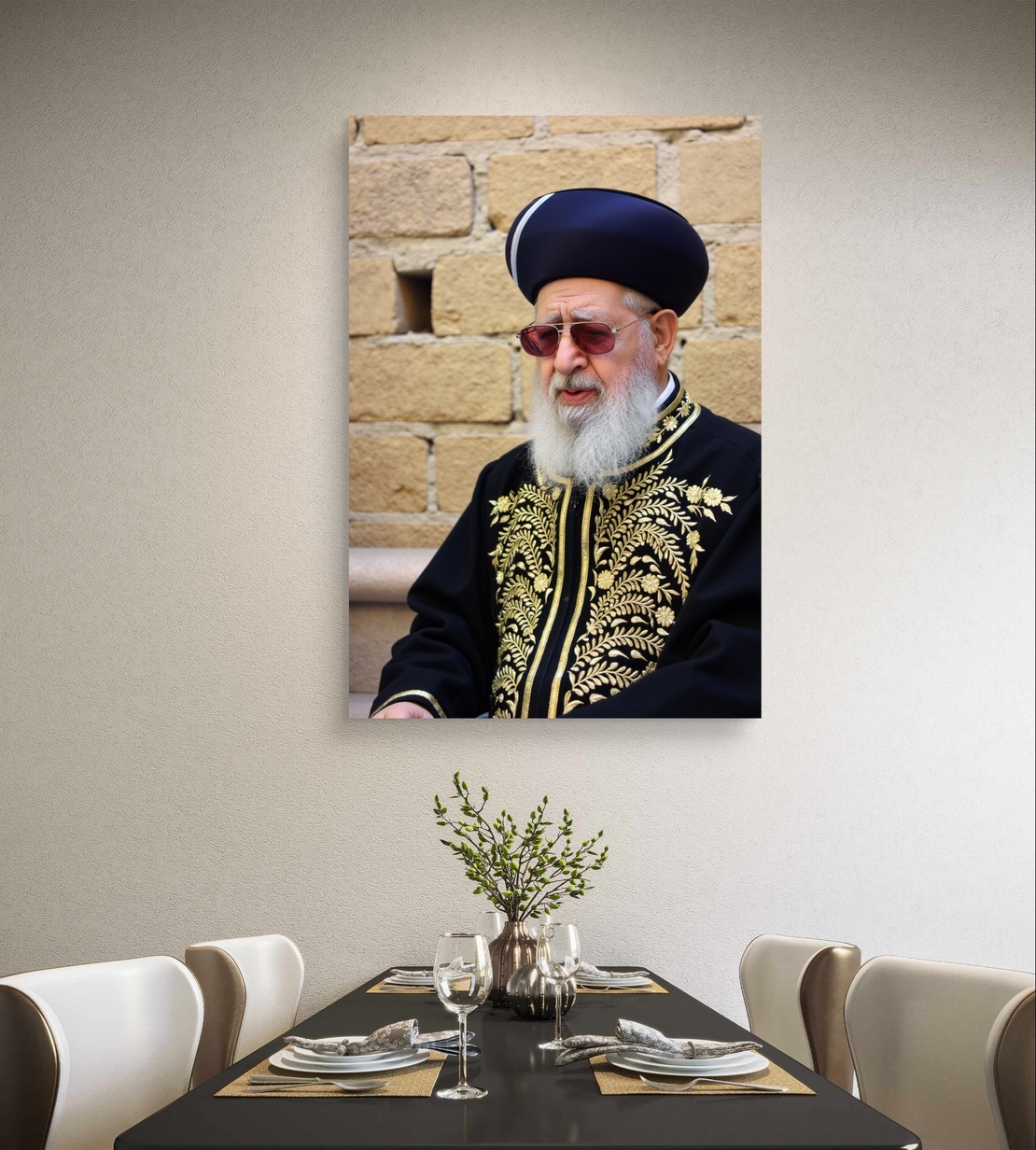 תמונת קנבס אנכית של רב יהודי בלבוש מסורתי שחור וזהב, תלויה מעל שולחן אוכל בעיצוב קלאסי.