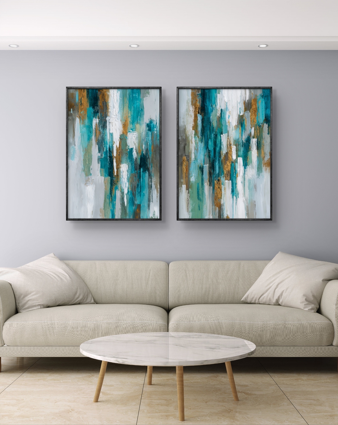 סט תמונות קנבס זוגי בגווני טורקיז, לבן וזהב בעיצוב אבסטרקטי – תכשיט לבית