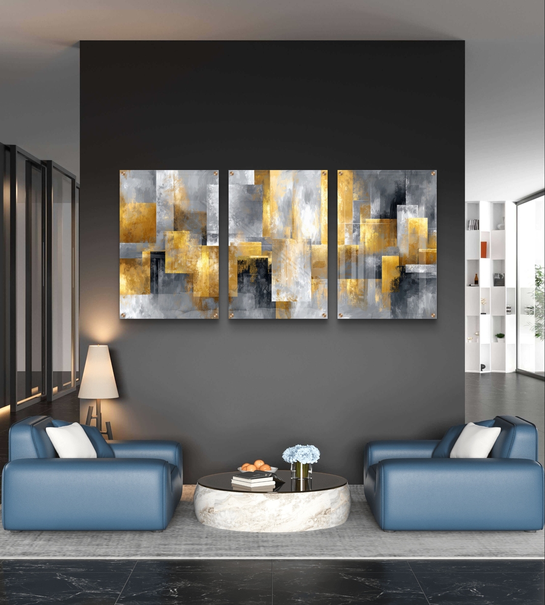 תמונת זכוכית שלשה אבסטרקט זהב ואפור