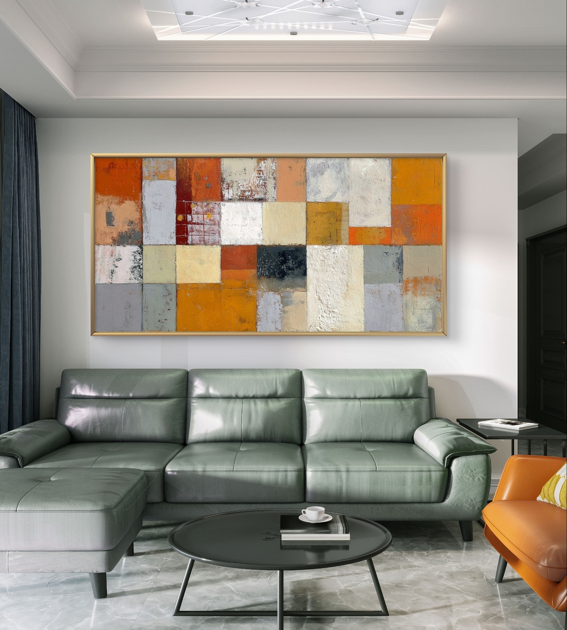 תמונת קנבס בסגנון פסיפס מופשט בגווני כתום, שמנת ואפור, בהדפסה חלקה ללא תבליט מקולקציית תכשיט לבית.