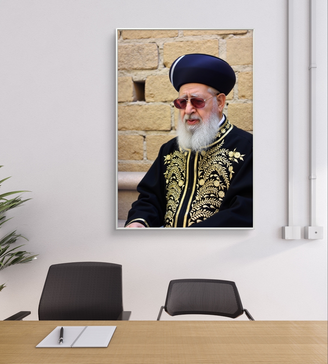 תמונת קנבס אנכית של רב יהודי בלבוש מסורתי שחור וזהב, תלויה מעל שולחן אוכל בעיצוב קלאסי.