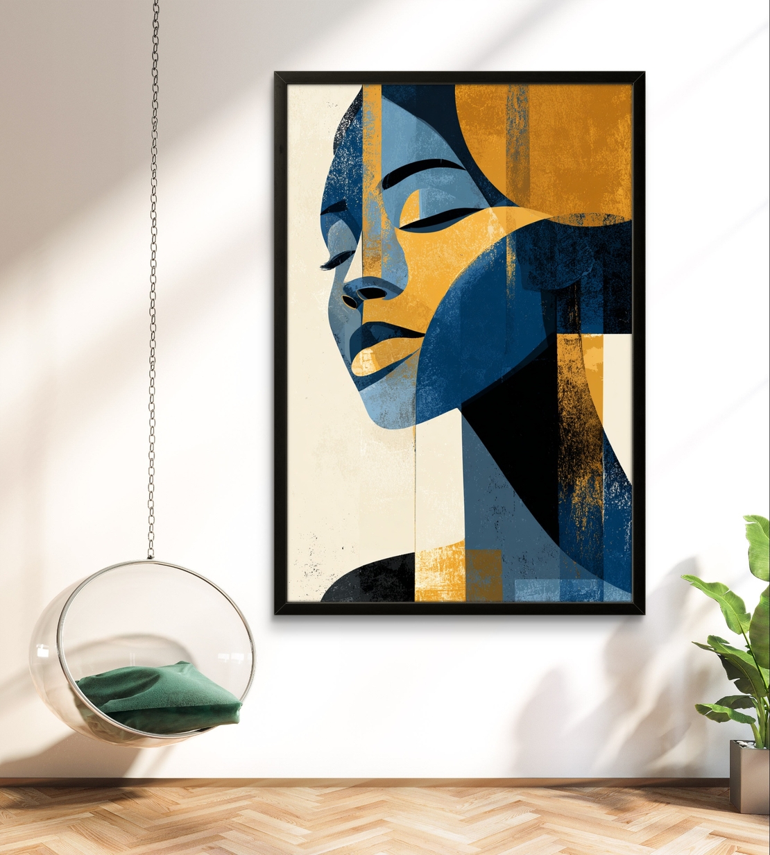 תמונת קנבס מודרנית של דיוקן נשי בגווני כחול וזהב בסגנון גאומטרי – תכשיט לבית