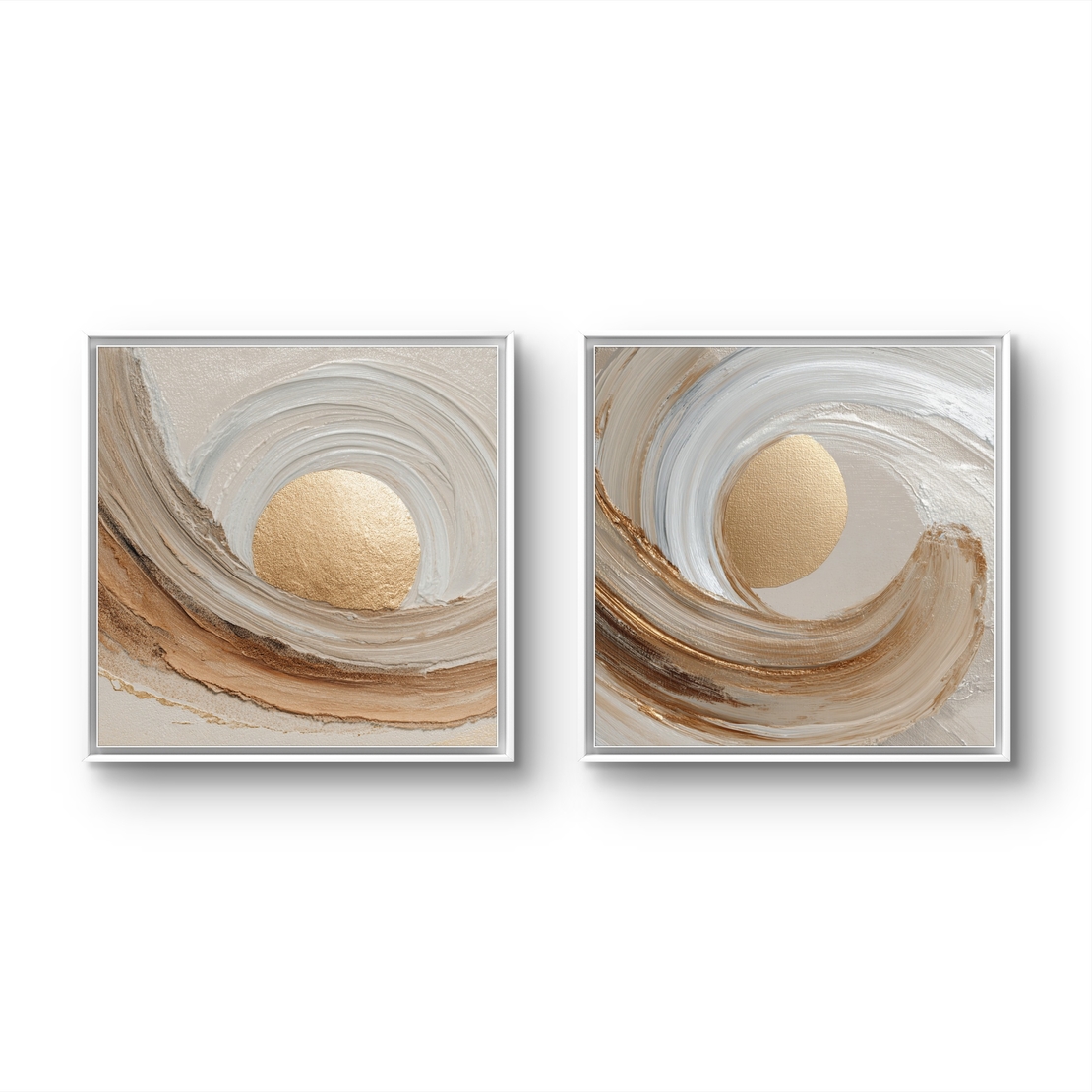זוג תמונות קנבס מרובעות בסגנון אבסטרקטי עם אלמנט זהב וגוונים רכים