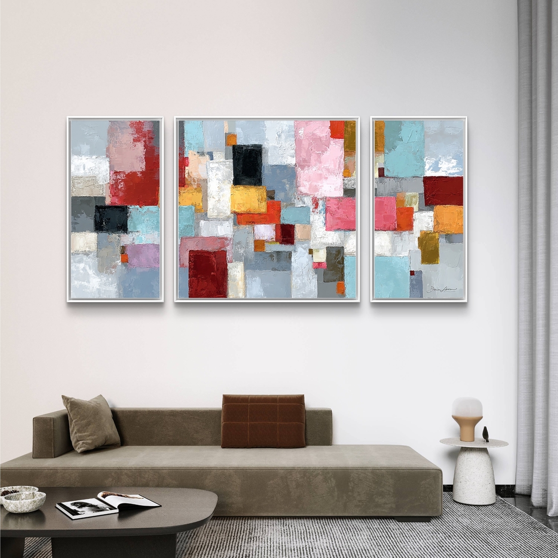 סט תמונות קנבס אבסטרקטי בגווני תכלת, ורוד, אדום וחרדל | SM6041