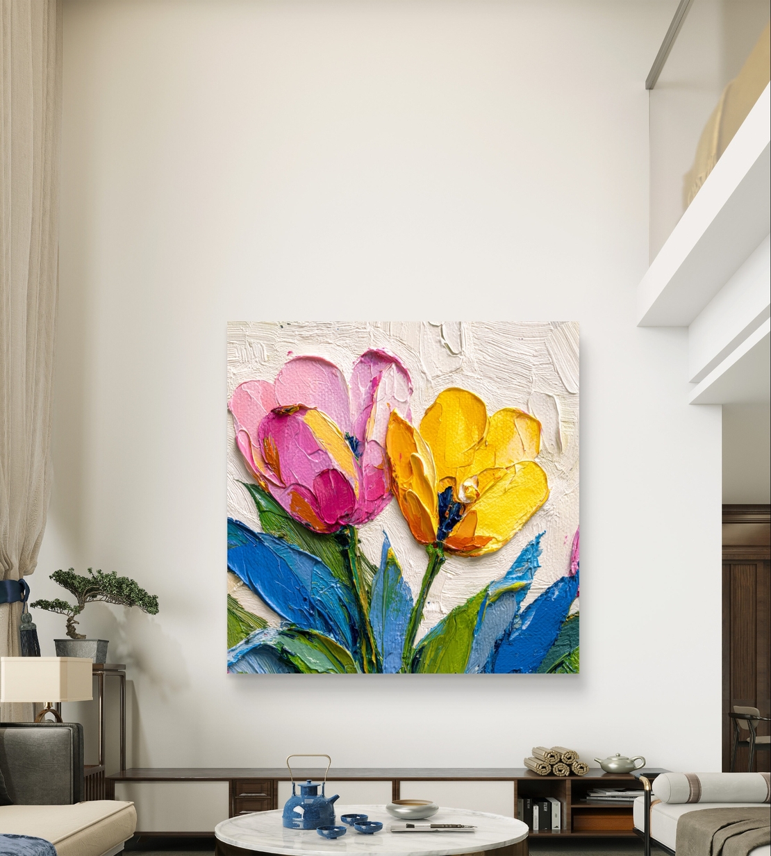 תמונת קנבס מרובעת עם פרחים ורודים וצהובים בסגנון אימפסטו על רקע בהיר