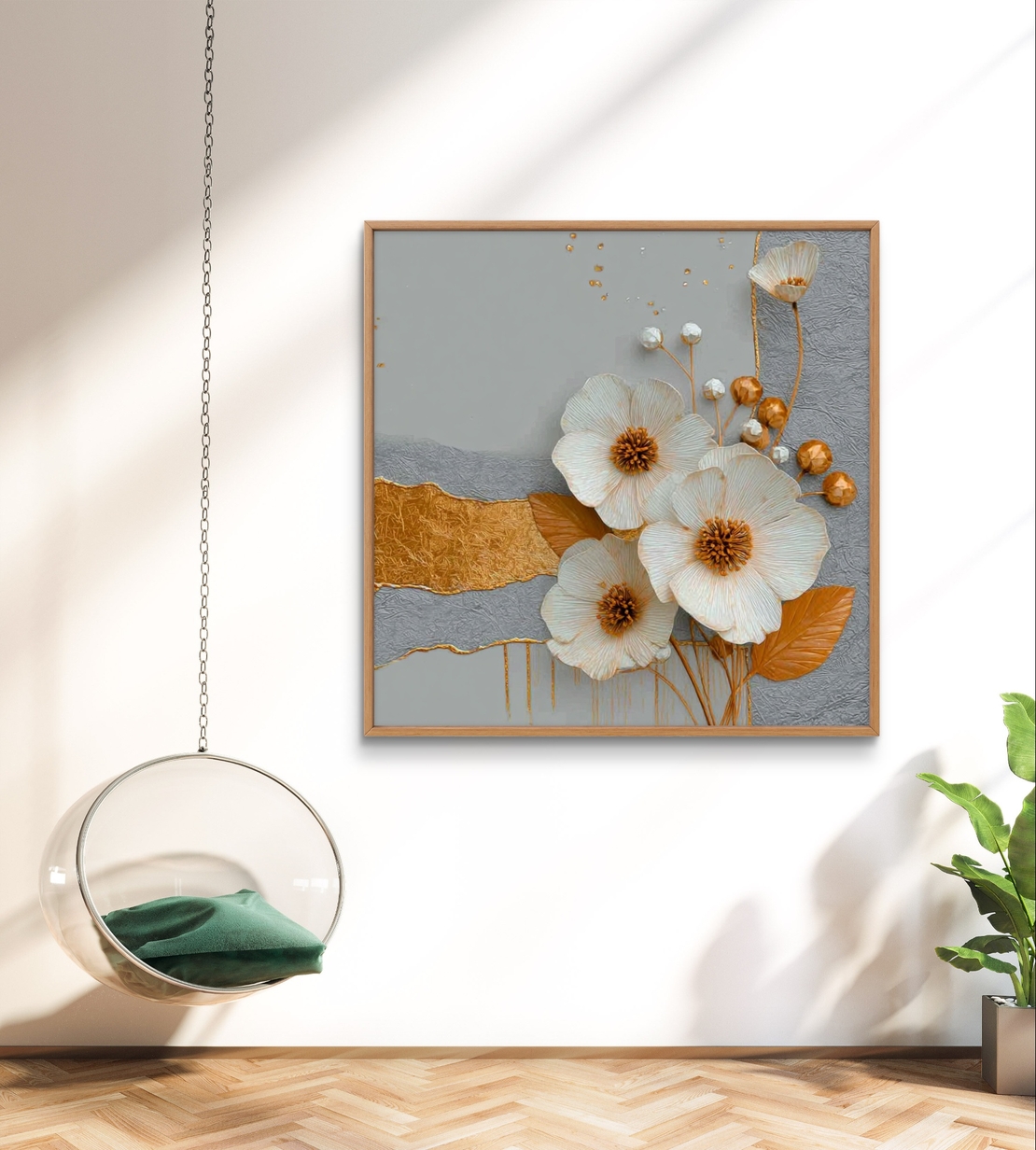 קנבס פרח לבן תלת־ממדי עם נגיעות זהב וטקסטורה עדינה בעיצוב מודרני