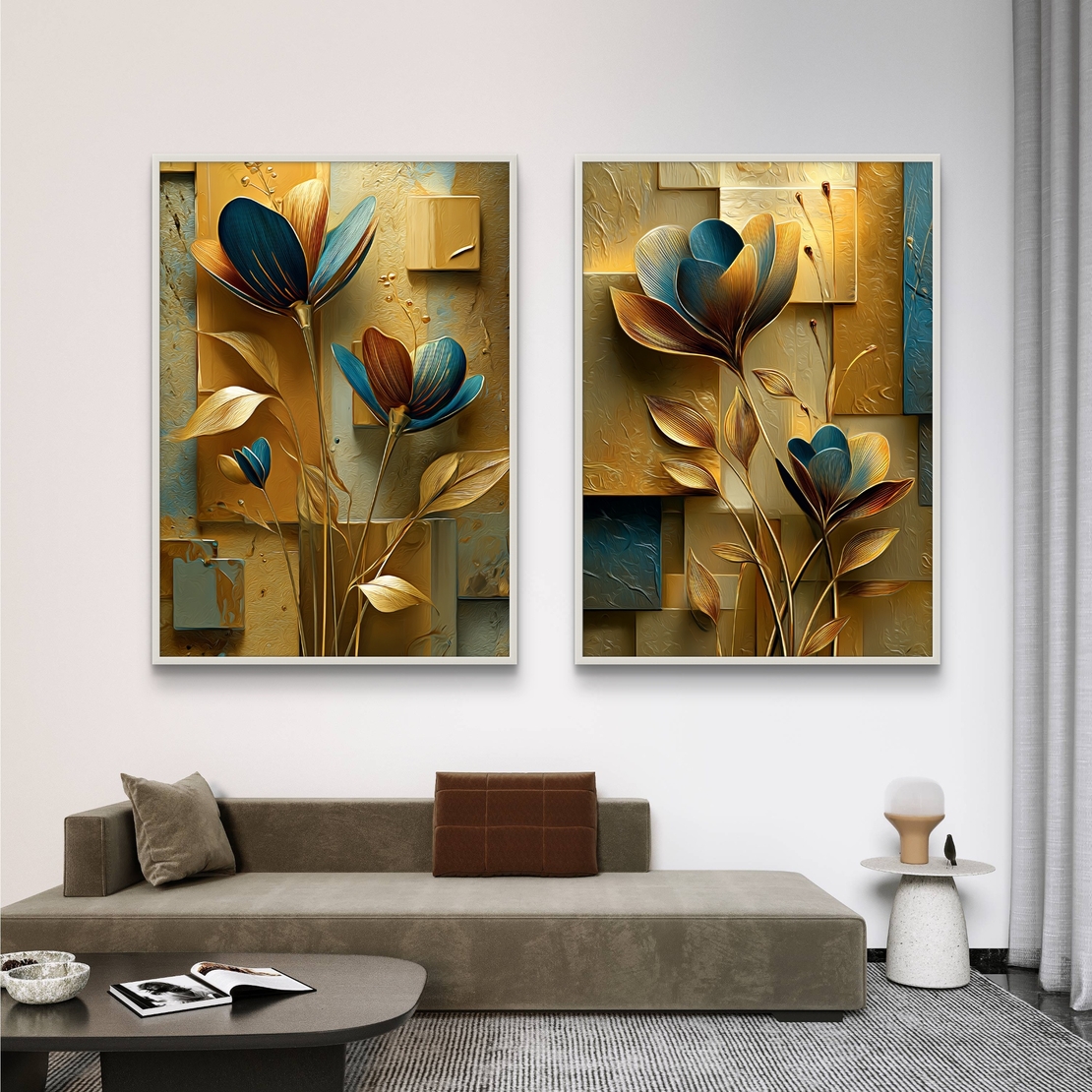 זוג תמונות קנבס פרחוניות בגווני זהב וכחול – דגם DA2223