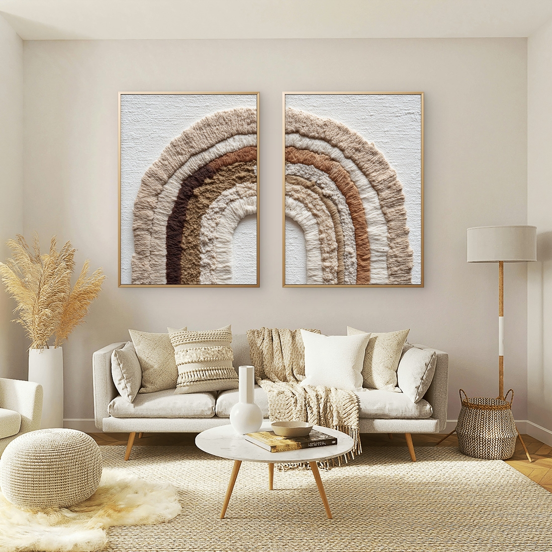 סט תמונות קנבס זוגי בסגנון בוהו עם קשתות בגווני שמנת וחום – תכשיט לבית