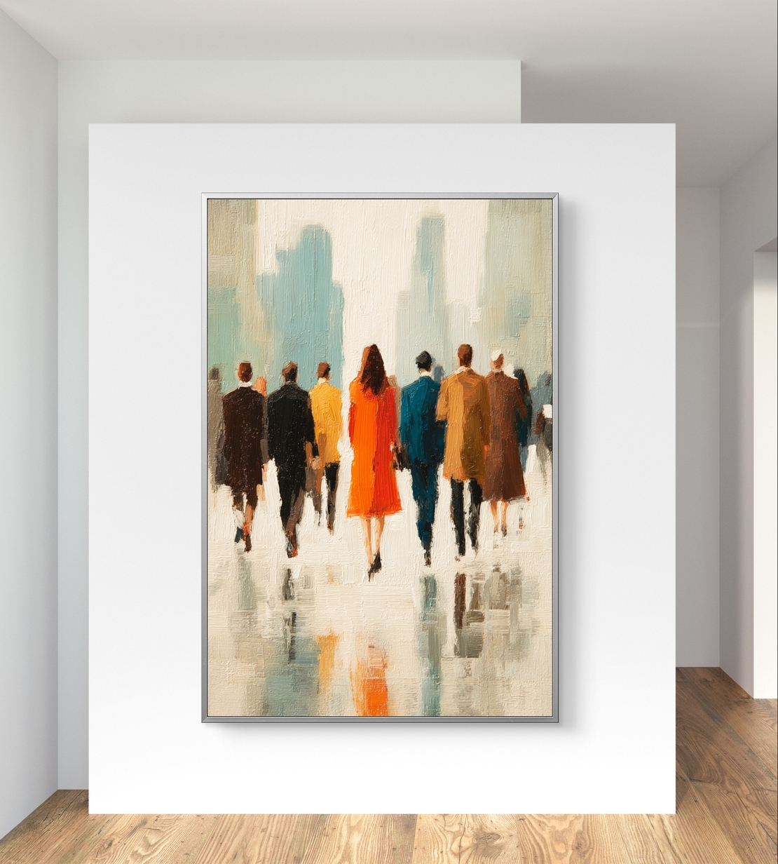 ציור קנבס אורבני בסגנון מודרני עם אנשים בתנועה והשתקפות רכה