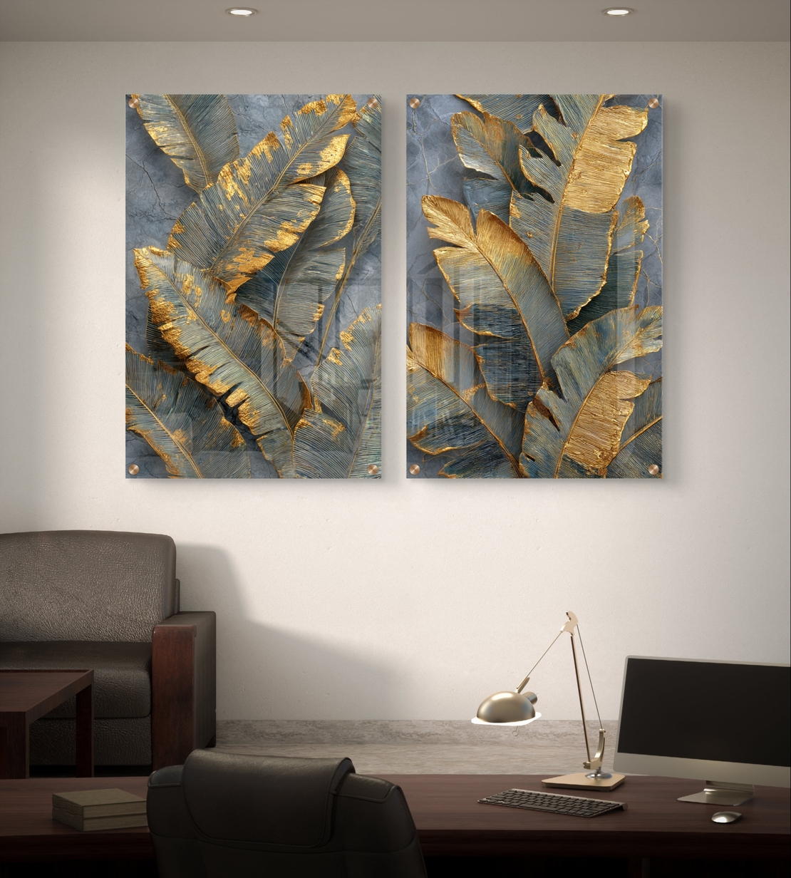 תמונת זכוכית זוגית עם עלים בגווני אפור וזהב בהדפסה חלקה יוקרתית