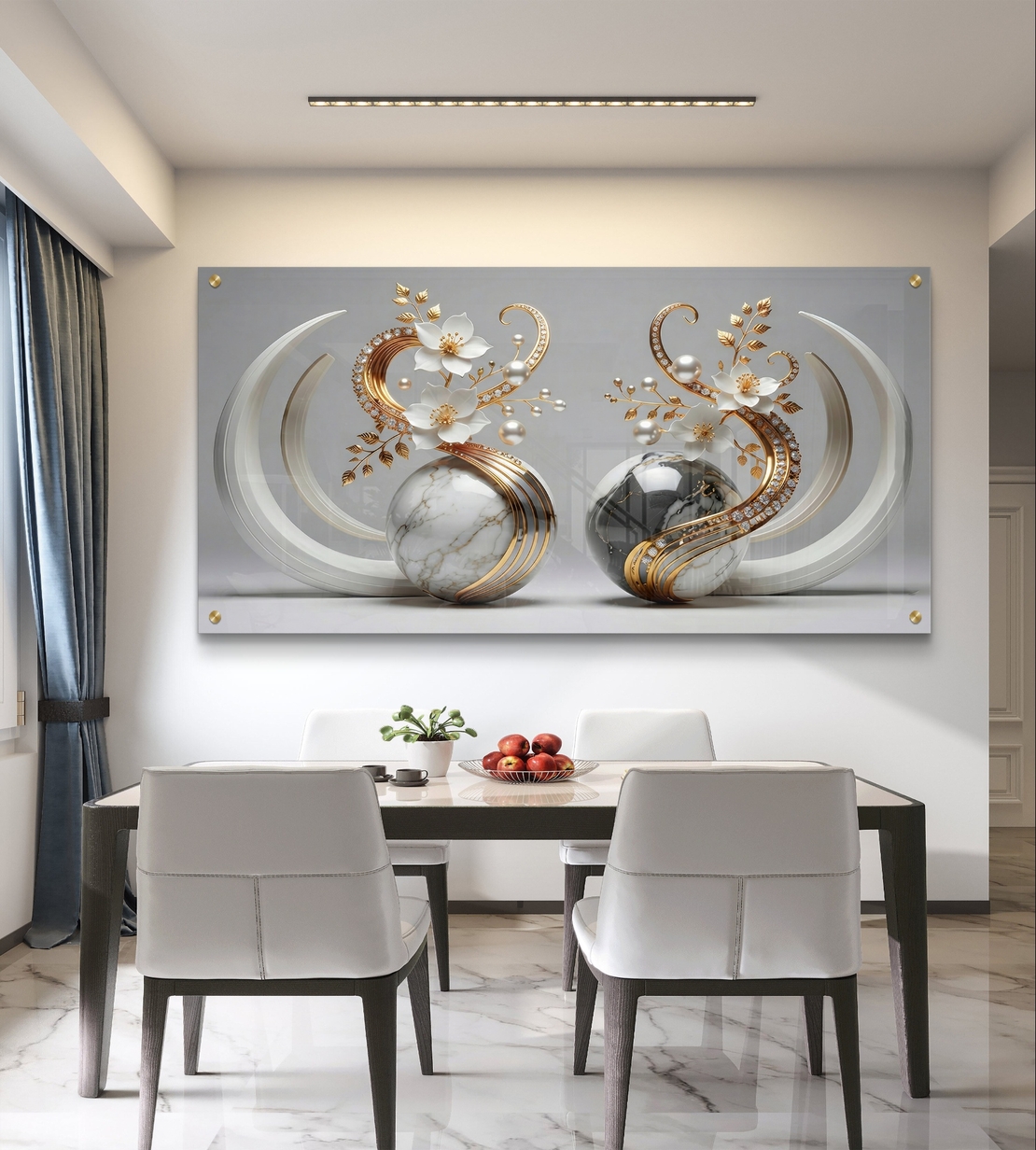 תמונת זכוכית יוקרתית עם כדורי שיש לבנים, פרחים לבנים וקשתות זהב