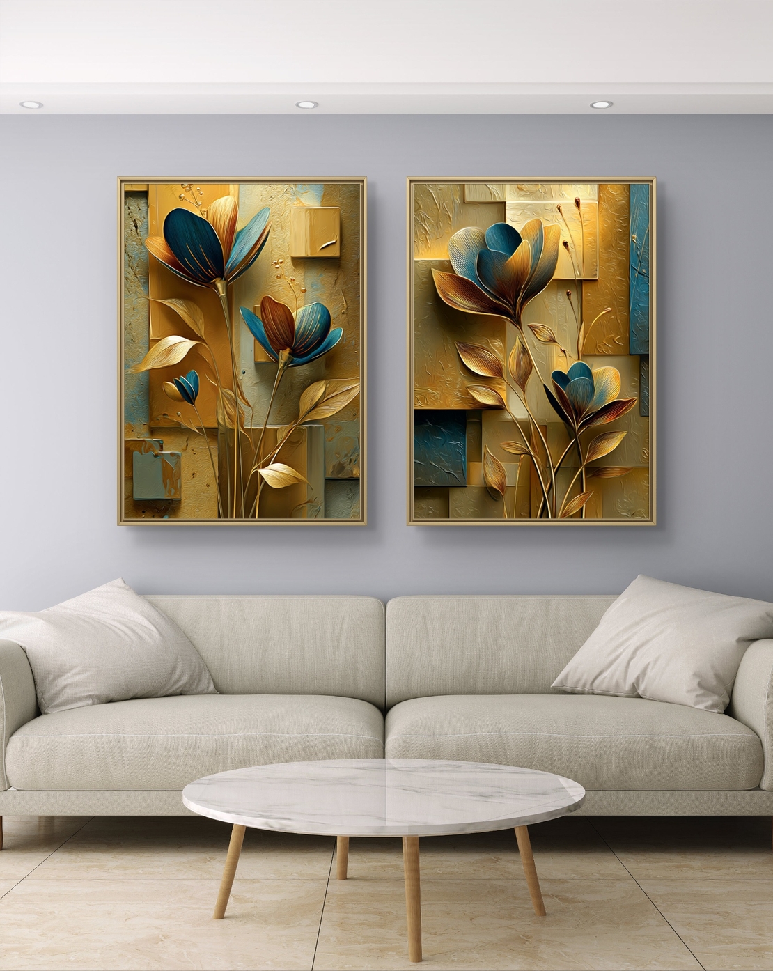 זוג תמונות קנבס פרחוניות בגווני זהב וכחול – דגם DA2223