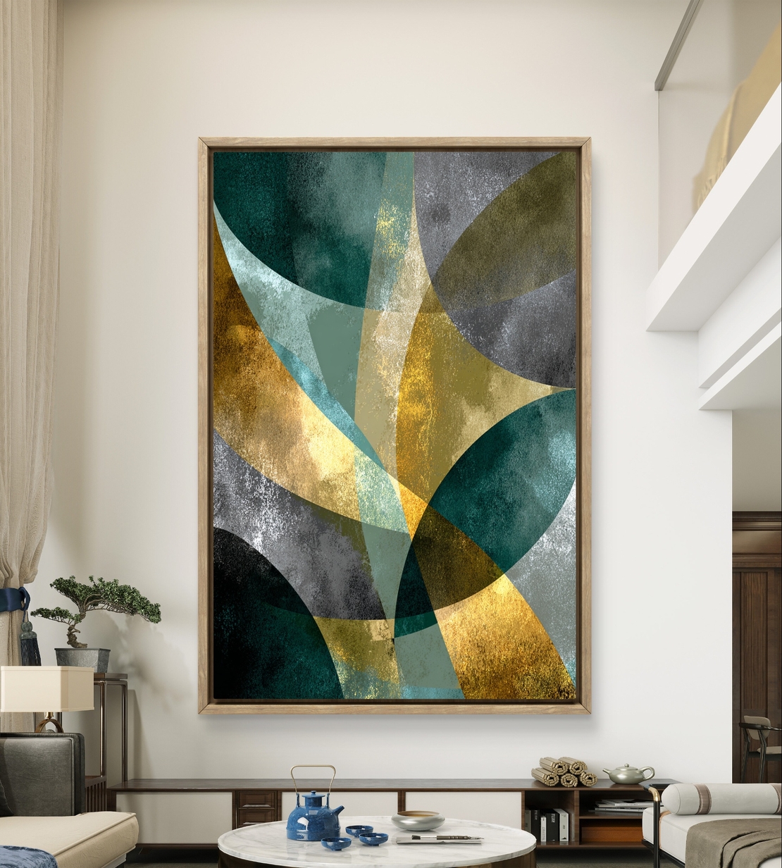 קימורים בטורקיז וזהב – תמונת קנבס אבסטרקט גיאומטרית בגווני ירוק, זהב ואפור | DC4471