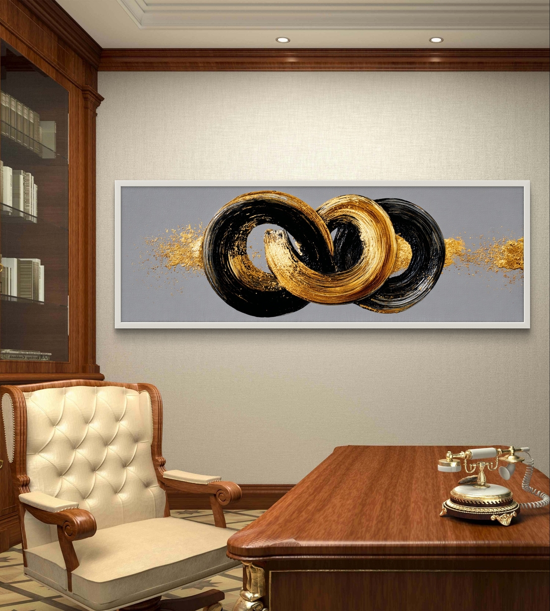 קשר אינסוף – תמונת קנבס פנורמית עם טבעות מכחול בשחור וזהב על רקע אפור | CT4673