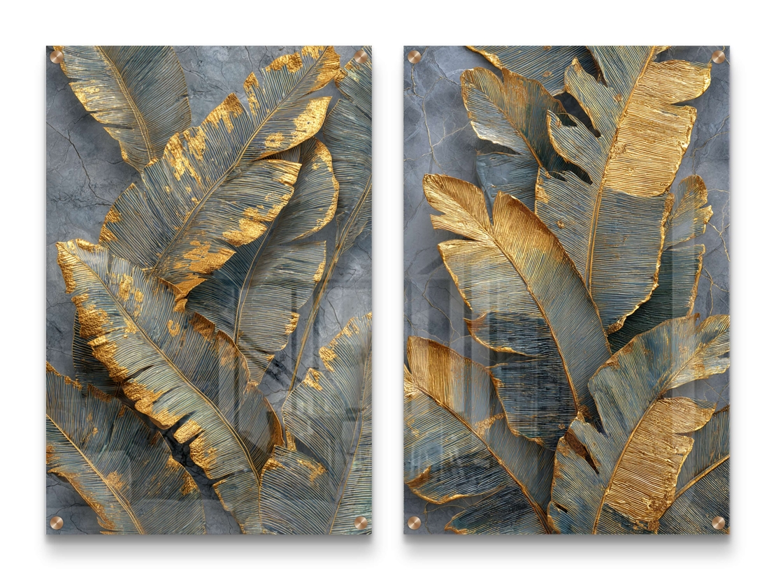 תמונת זכוכית זוגית עם עלים בגווני אפור וזהב בהדפסה חלקה יוקרתית