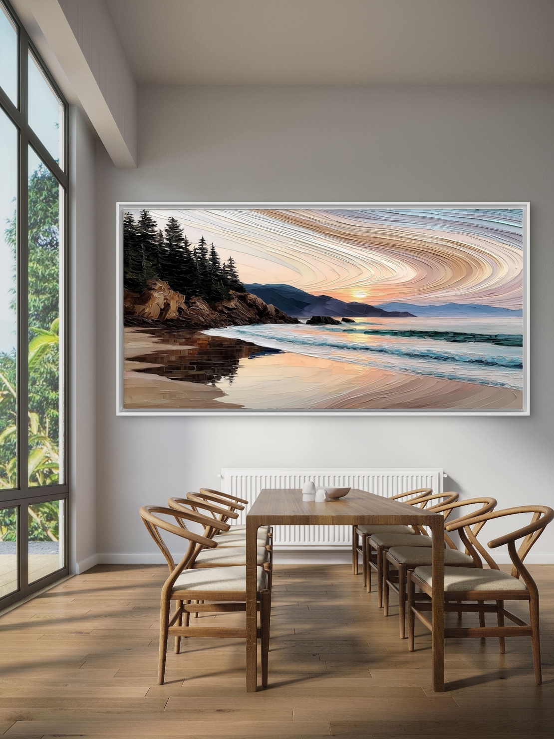 תמונת קנבס של שקיעה בחוף עם קווים גרפיים רכים, הדפסה חלקה NEXTGEN BY BAR