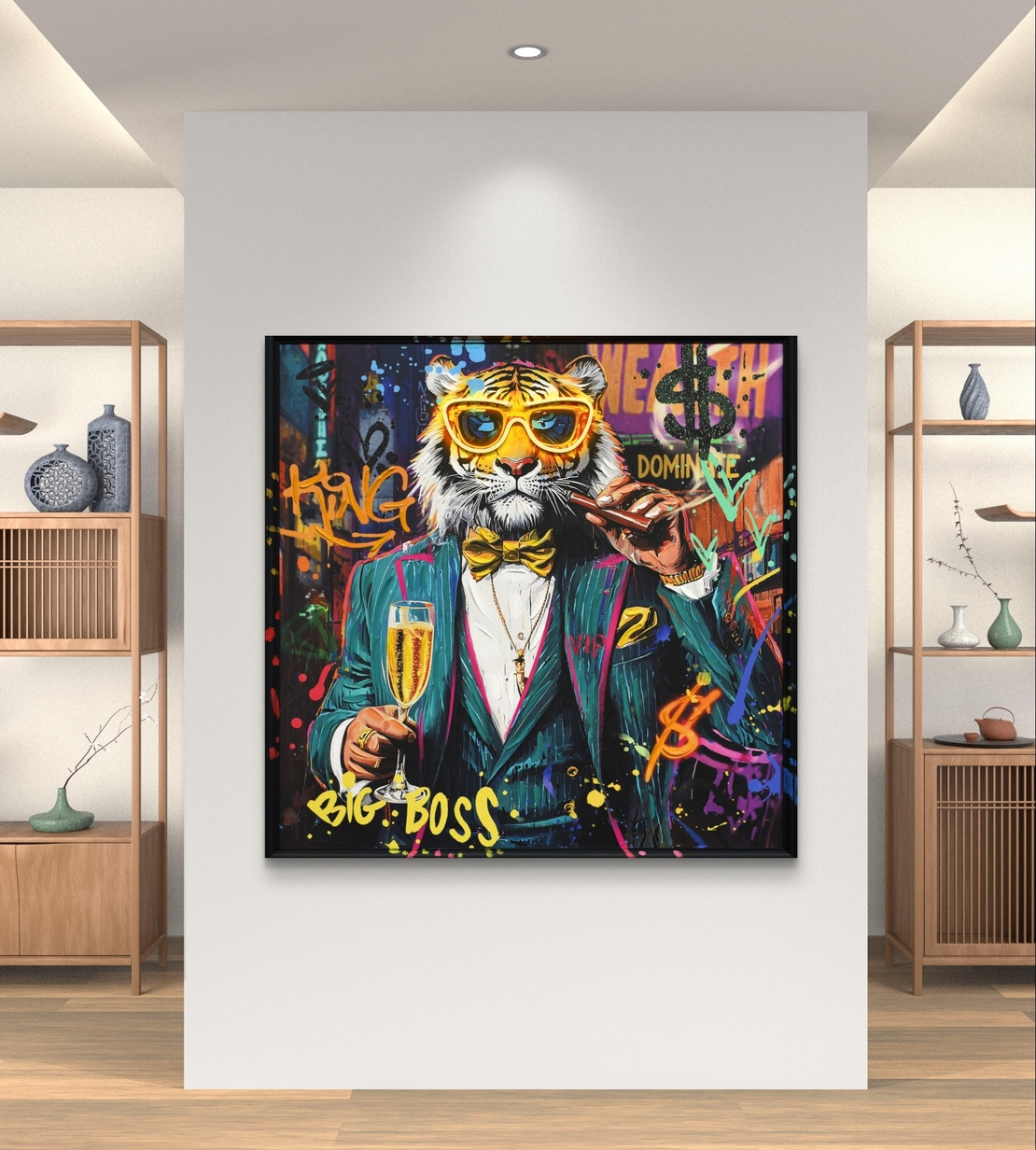 תמונת טייגר BIG BOSS מוארת עם שלט רחוק וסוללות – אמנות LED - מידות 83*83 ס