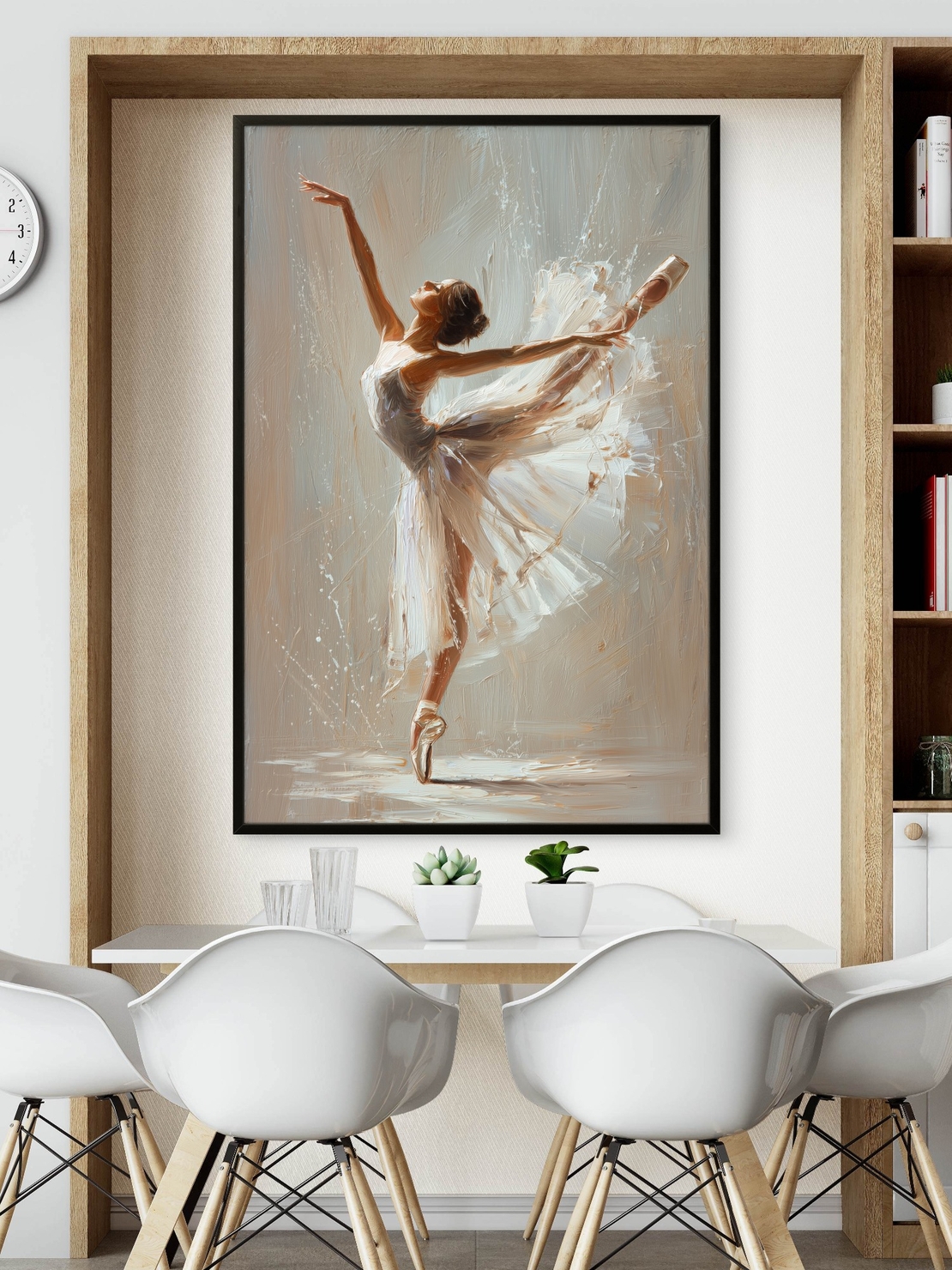 תמונת קנבס של רקדנית בלט לבושה בשמלה לבנה בתנועה אלגנטית, מודפסת בהדפסה חלקה ואיכותית מקולקציית NEXTGEN BY BAR.