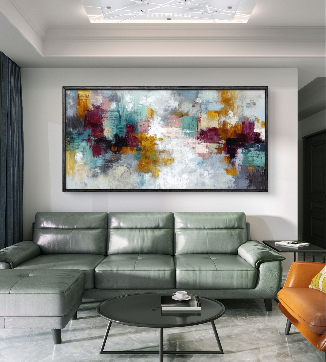 תמונת קנבס מופשטת לרוחב בגווני טורקיז, בורדו וזהב – תכשיט לבית