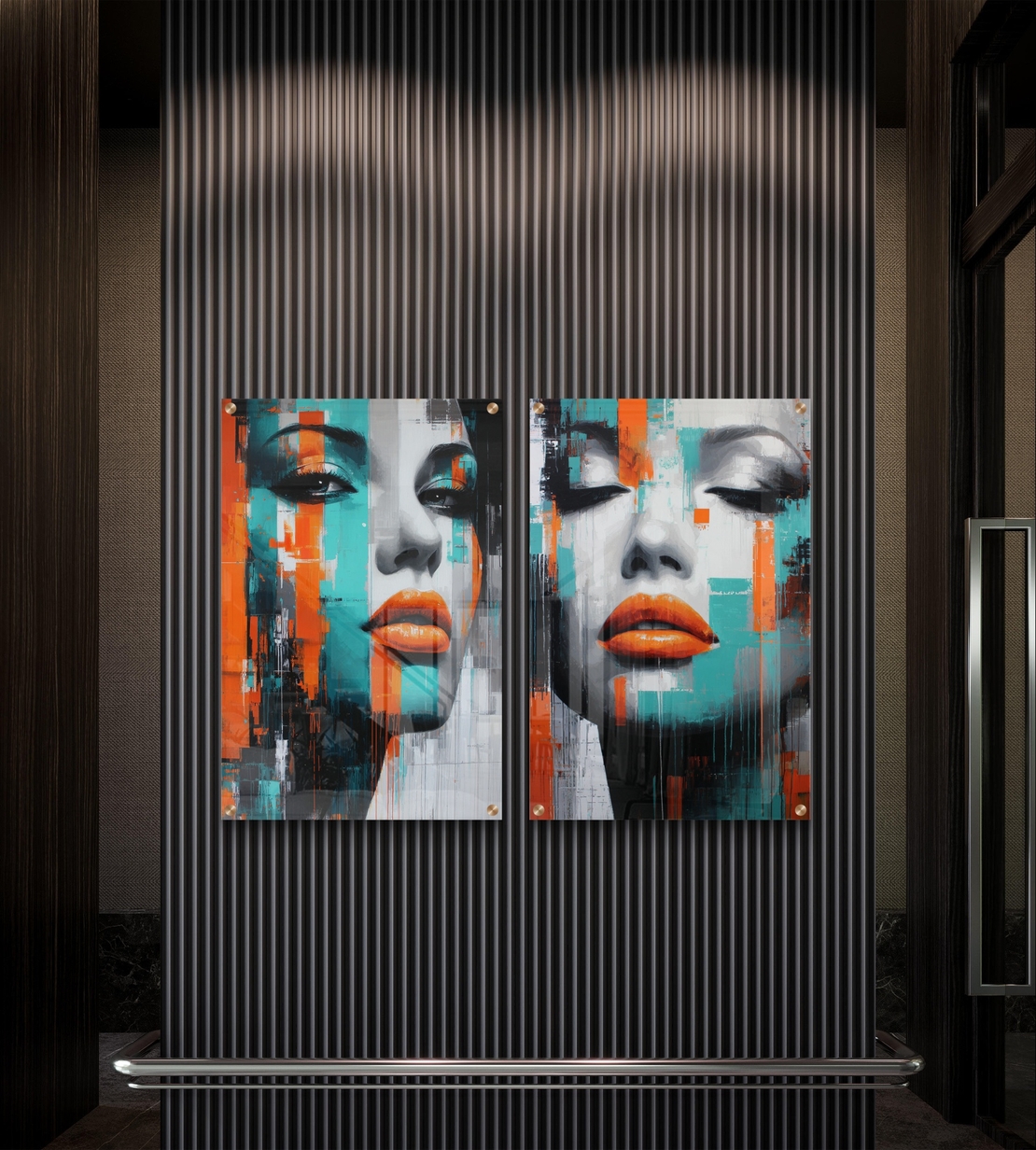זוג תמונות זכוכית בסגנון אורבני עם פורטרט נשי בגווני טורקיז וכתום על רקע מופשט מודרני