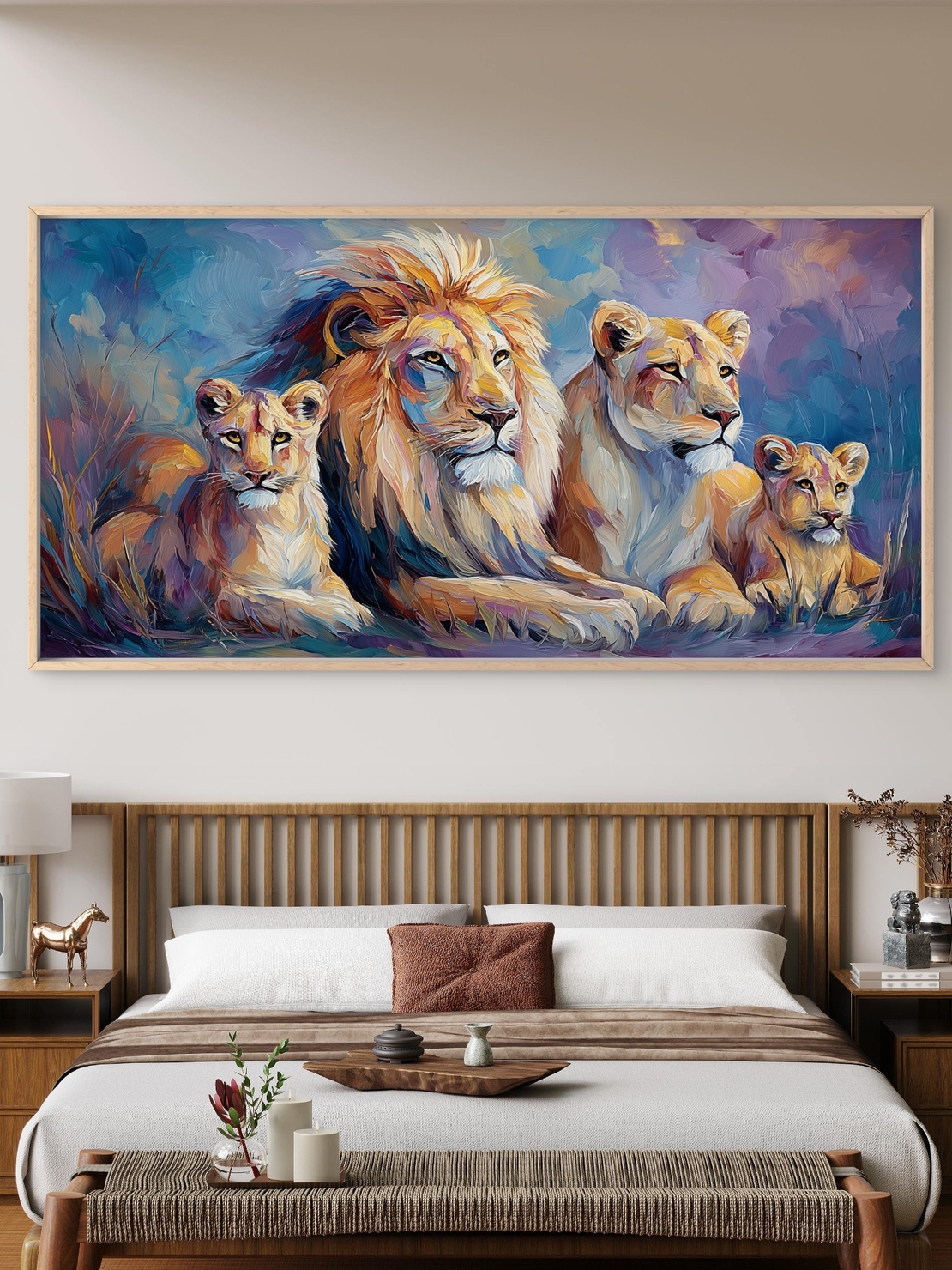 תמונת קנבס צבעונית של משפחת אריות – יצירה אמנותית בעיצוב מודרני מתוך קולקציית NEXTGEN BY BAR של תכשיט לבית.