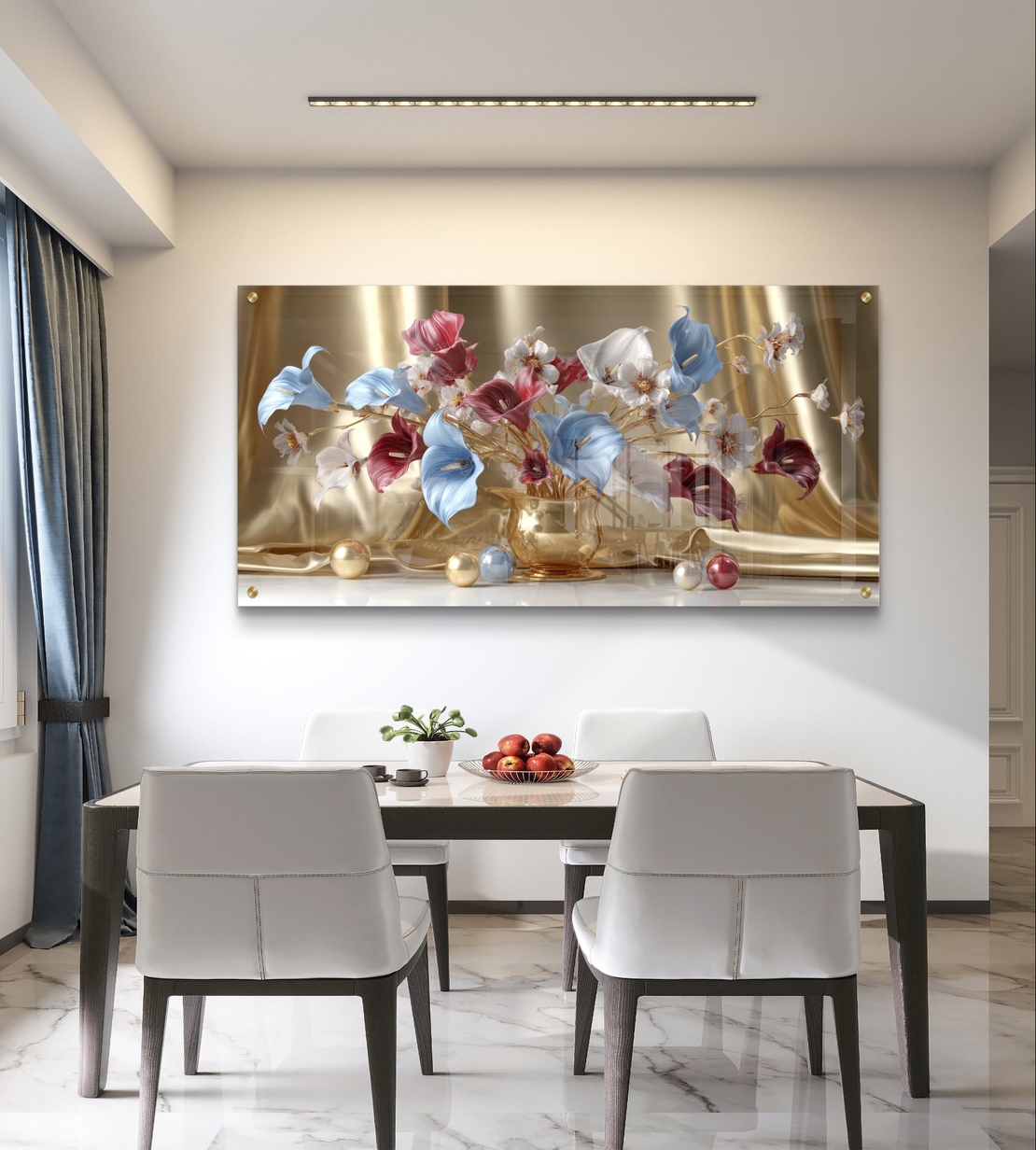 תמונת זכוכית לרוחב עם סידור פרחים מוזהב בגווני ורוד, כחול ולבן על רקע זהוב בהדפסה חלקה