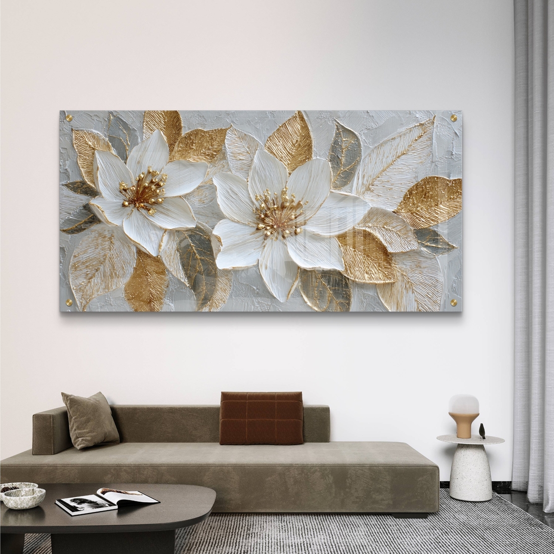 תמונת זכוכית לרוחב של שני פרחים בלבן וזהב בעיצוב אומנותי יוקרתי עם הדפסה חלקה ללא תבליט