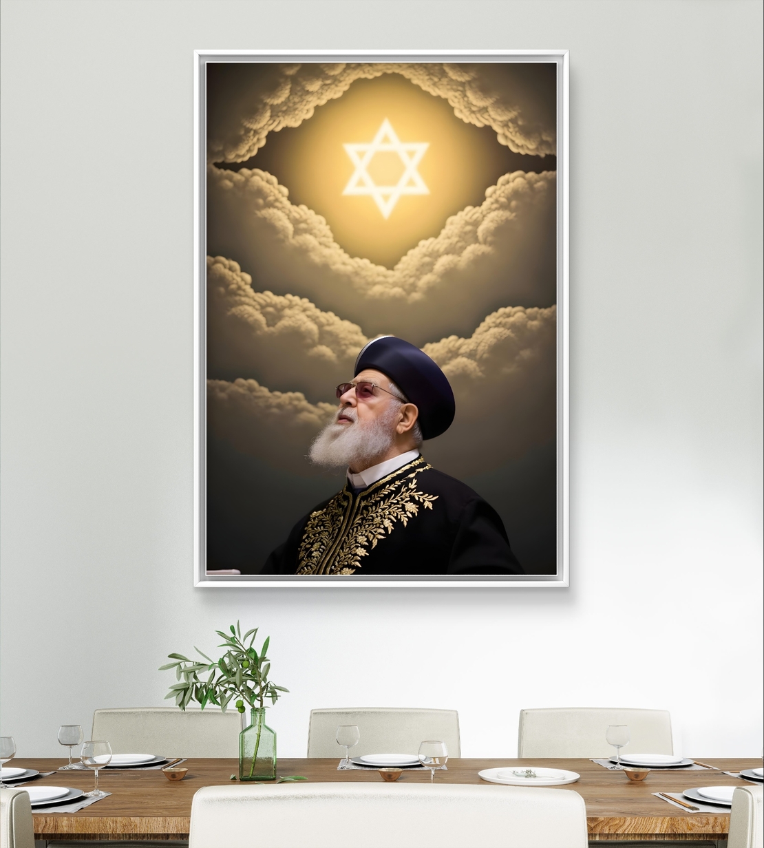 תמונת קנבס המציגה רב מביט מעלה לעבר מגן דוד זוהר בתוך שמיים מעוננים, בגוונים חמים של זהב ושחור.