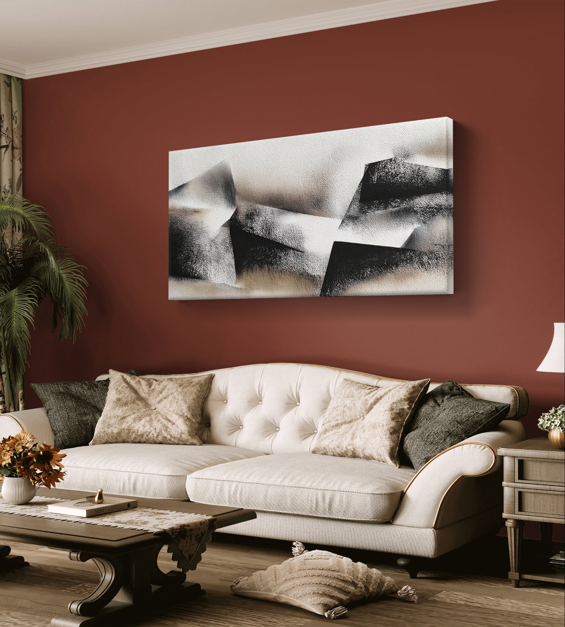 תמונת קנבס לרוחב בעיצוב אבסטרקט גאומטרי בגווני שחור, אפור ושמנת בסגנון מינימליסטי