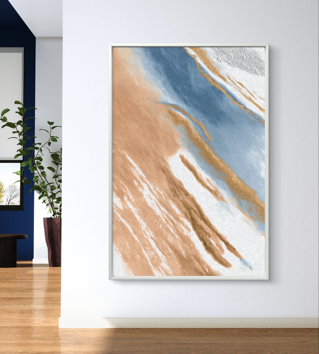 תמונת קנבס מופשטת בגווני חום, כחול ולבן בהדפסה חלקה וללא תבליט – תכשיט לבית