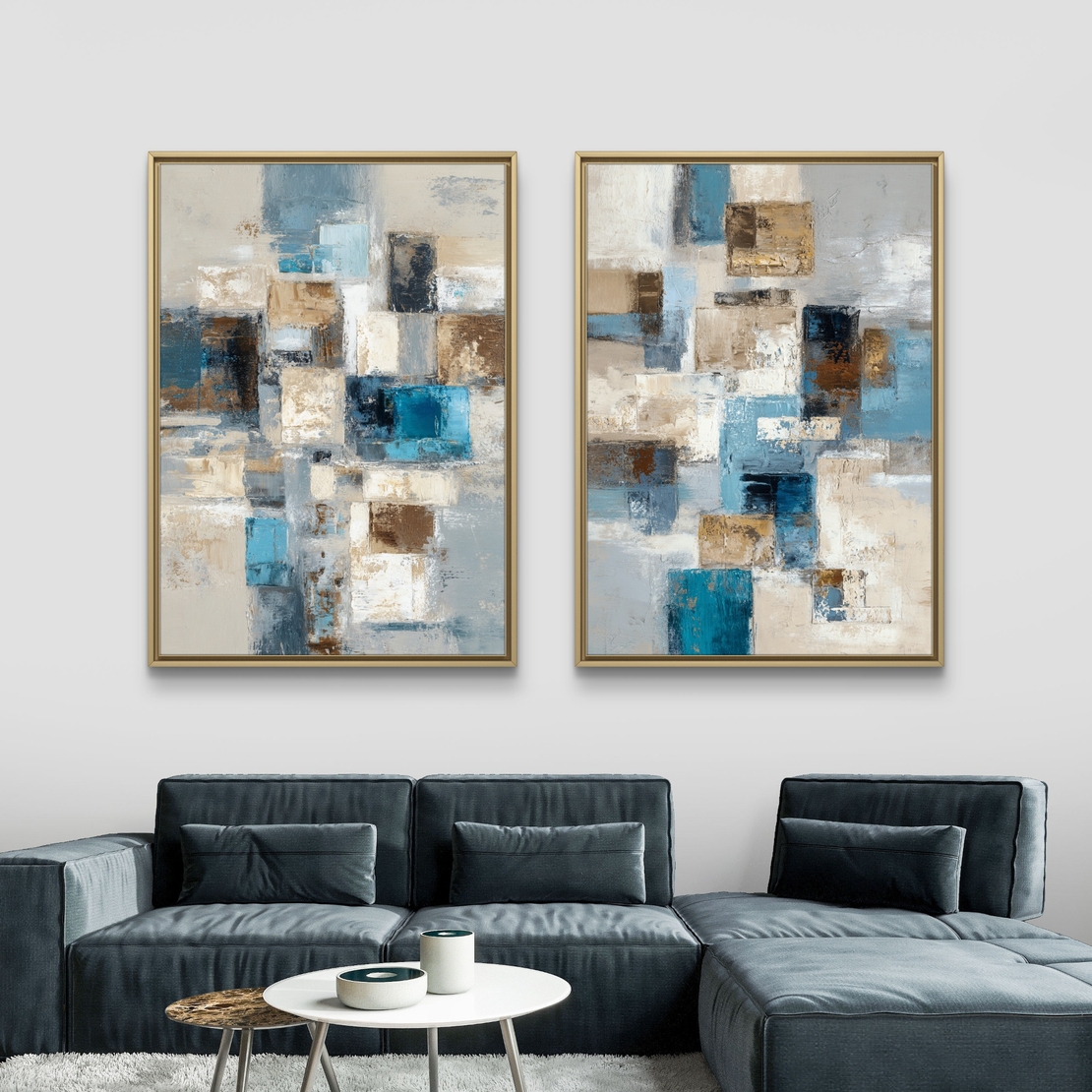סט תמונות קנבס זוגיות בסגנון אבסטרקט גיאומטרי בגווני כחול, תכלת ובז׳ לעיצוב סלון מודרני