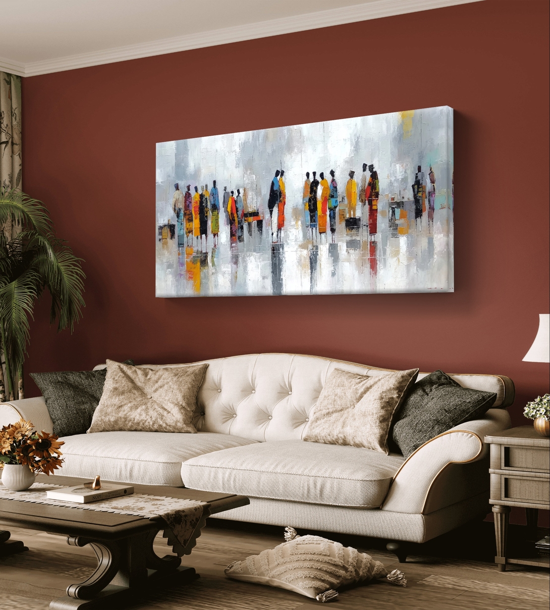 תמונת קנבס לרוחב עם דמויות אבסטרקטיות בצבעים חמים וסגנון מודרני
