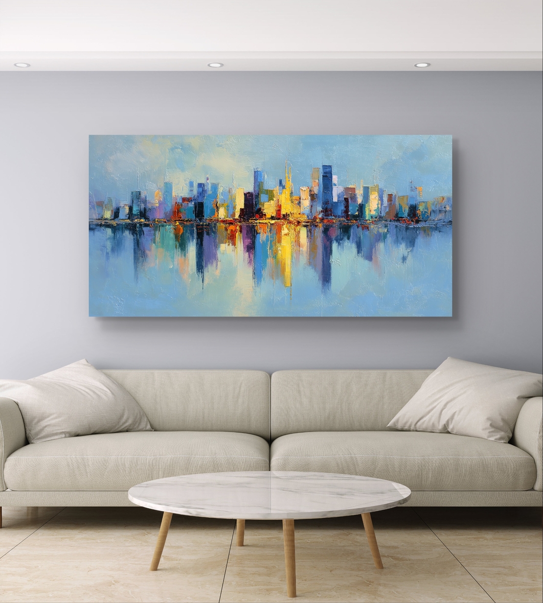 תמונת קנבס לרוחב עם קו רקיע עירוני צבעוני והשתקפות במים בעיצוב מודרני