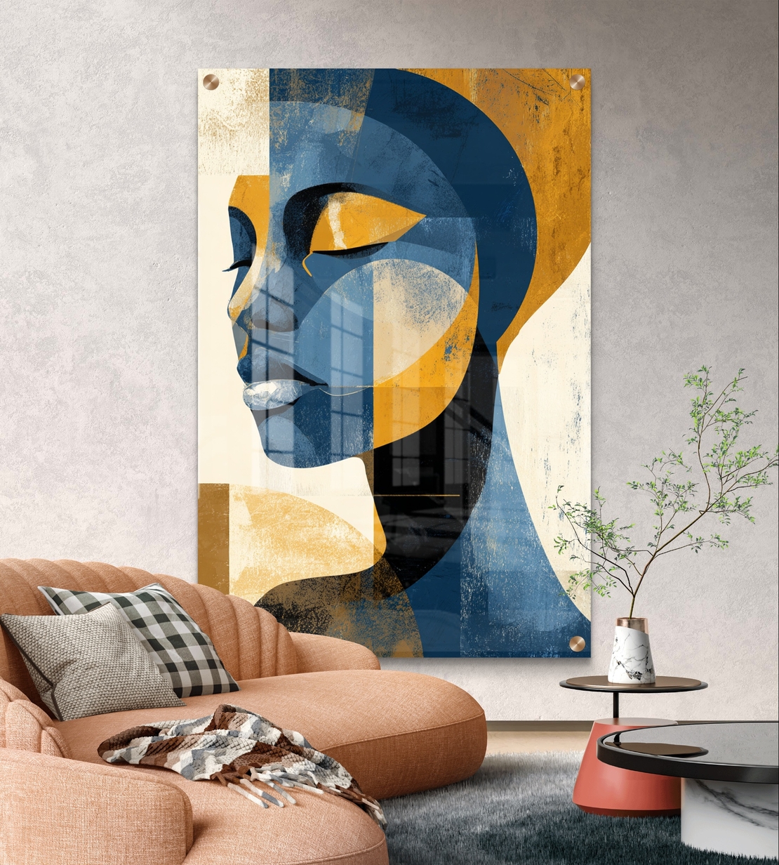 תמונת זכוכית מודרנית של פרופיל נשי מופשט בגווני כחול וזהב – תכשיט לבית