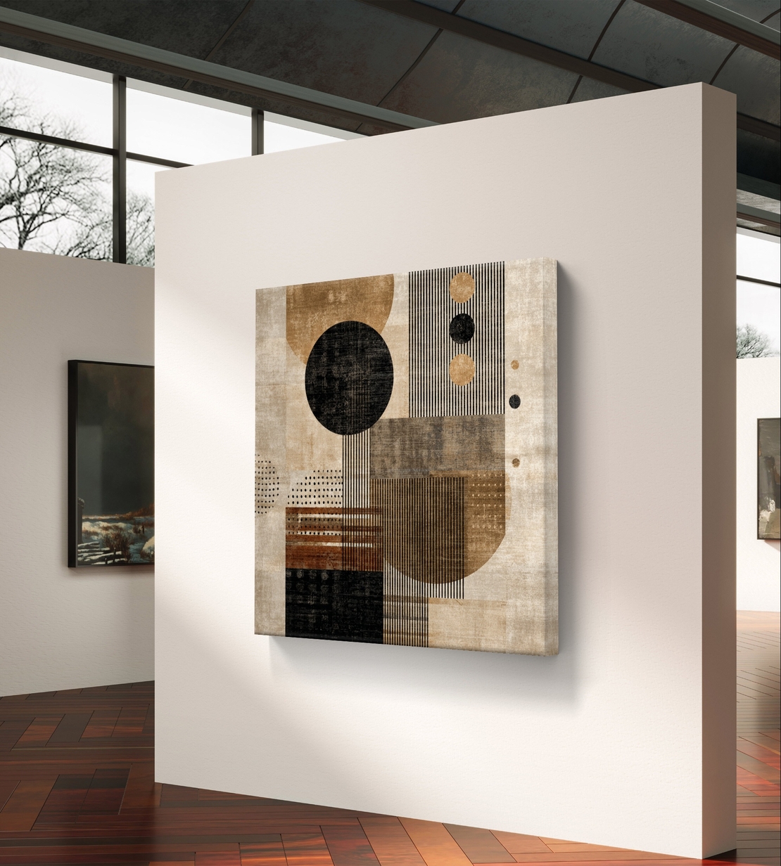 איזון גיאומטרי – תמונת קנבס גיאומטרית מודרנית בבז׳ ושחור | SQ3384