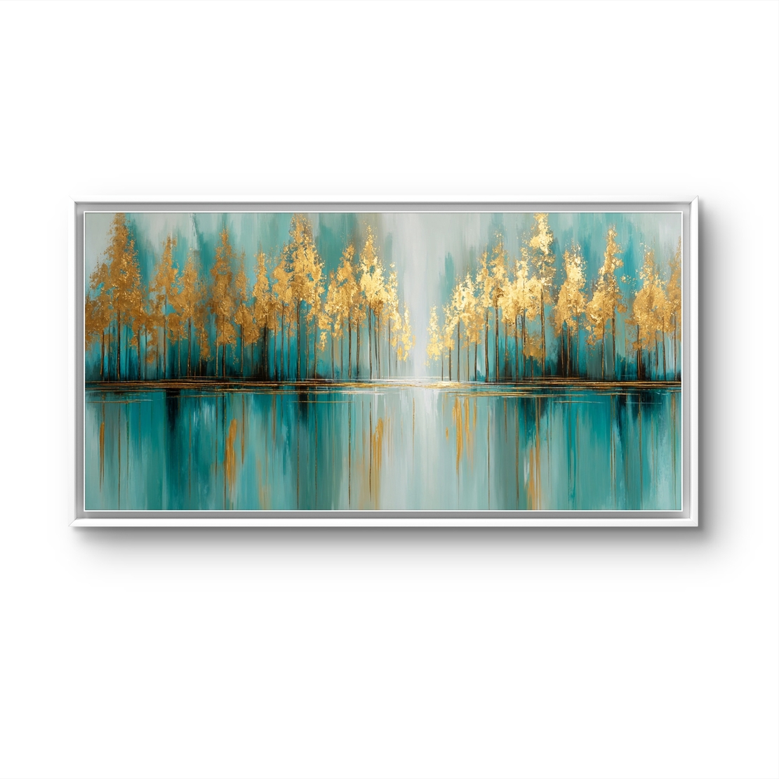 תמונת קנבס לרוחב עם עצים מופשטים בגווני טורקיז ונגיעות זהב המשתקפים במים, בהדפסה חלקה לעיצוב מודרני ויוקרתי.