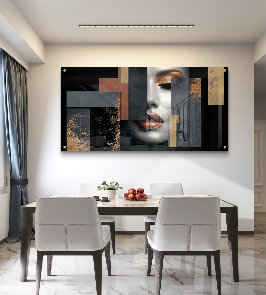 תמונת זכוכית לרוחב עם דיוקן נשי אבסטרקטי בגווני שחור, אפור וזהב בעיצוב יוקרתי