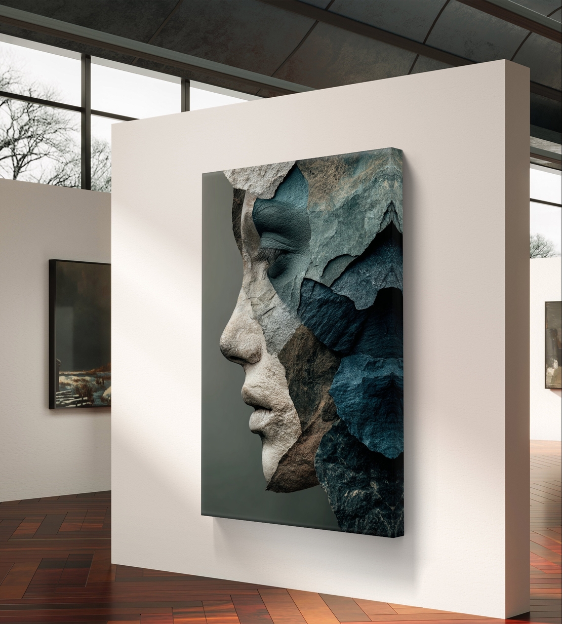 דיוקן סלעים בכחול ואפור – תמונת קנבס אמנותית דרמטית | DX5112